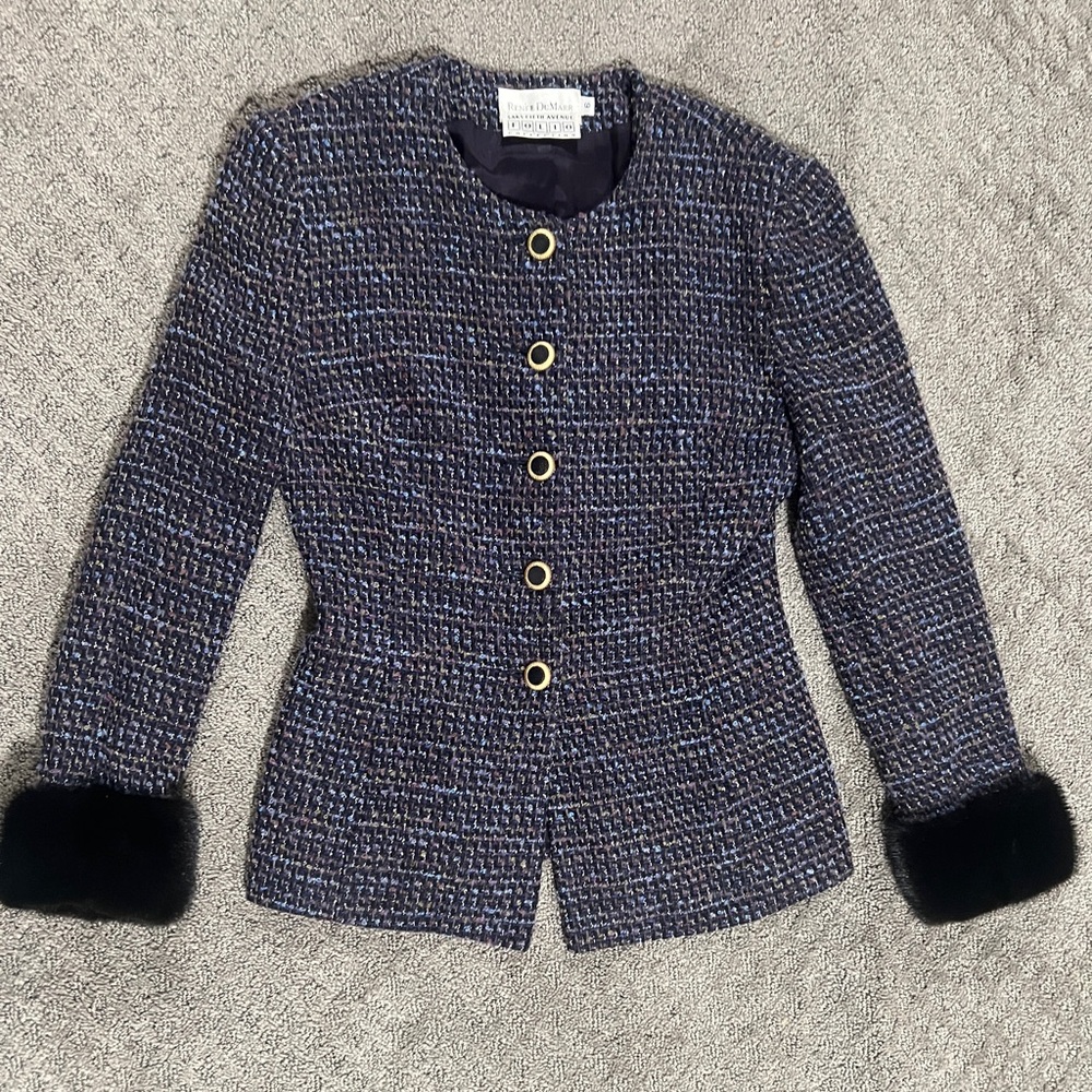 Vintage Renée Duval Paris Tweed Jacket Fur Cuffs Gold Buttons Classic Blazer, 6